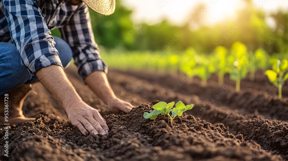 Poster young farmer using ai to analyze soil conditions for optimal pasture growth ensuring high-quality fe