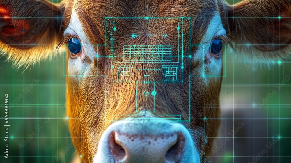 Aufkleber Farmer using AI-driven facial recognition technology to track individual livestock for personalized health and productivity monitoring Stock Photo with copy space