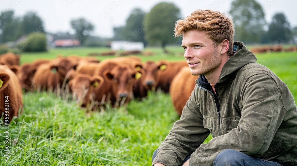 Aufkleber Young farmer using AI to streamline the management of livestock records and inventories improving efficiency and decision-making Stock Photo with copy space