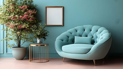 Turquoise armchair with gold legs, a potted plant, and a frame on a teal wall.