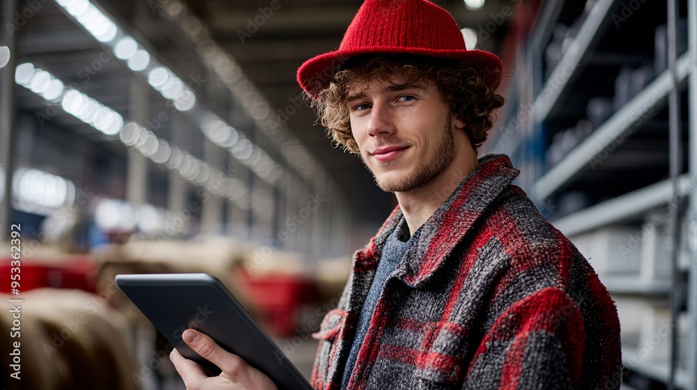 Poster young farmer using ai to manage the logistics of transporting livestock ensuring minimal stress and 