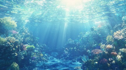 Obraz premium Underwater Coral Reef with Sunbeams and Blue Water