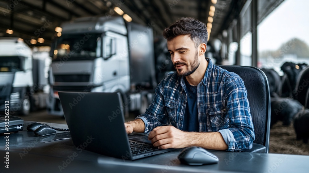 Poster Young farmer using AI to manage the logistics of transporting livestock ensuring minimal stress and optimal conditions Stock Photo with copy space
