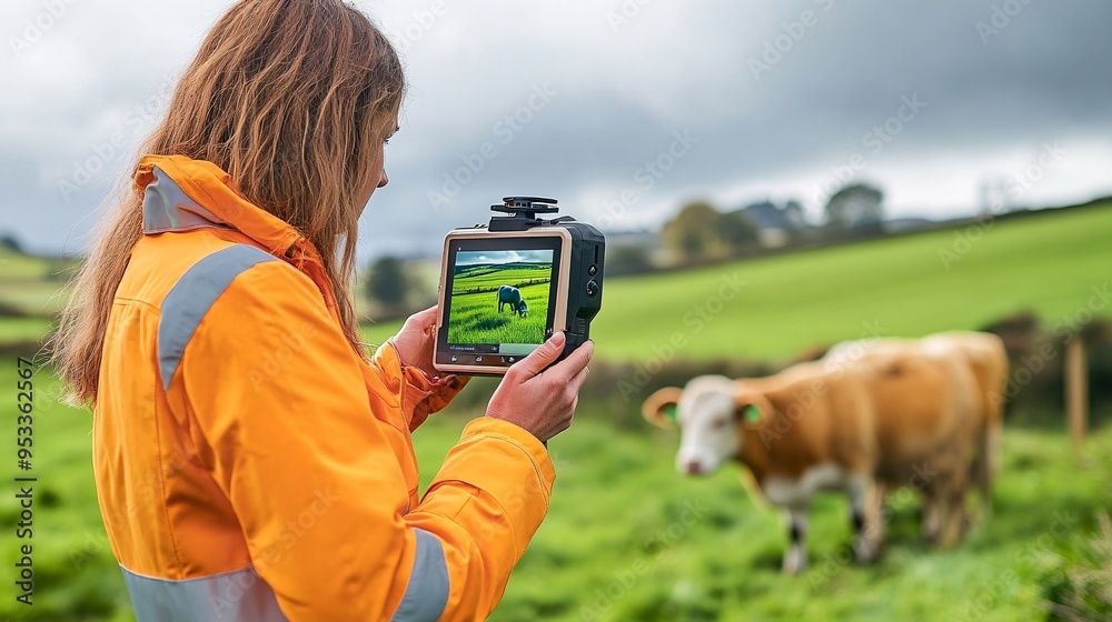 Aufkleber farmer using ai-enhanced thermal imaging to monitor the health of livestock detecting signs of illne