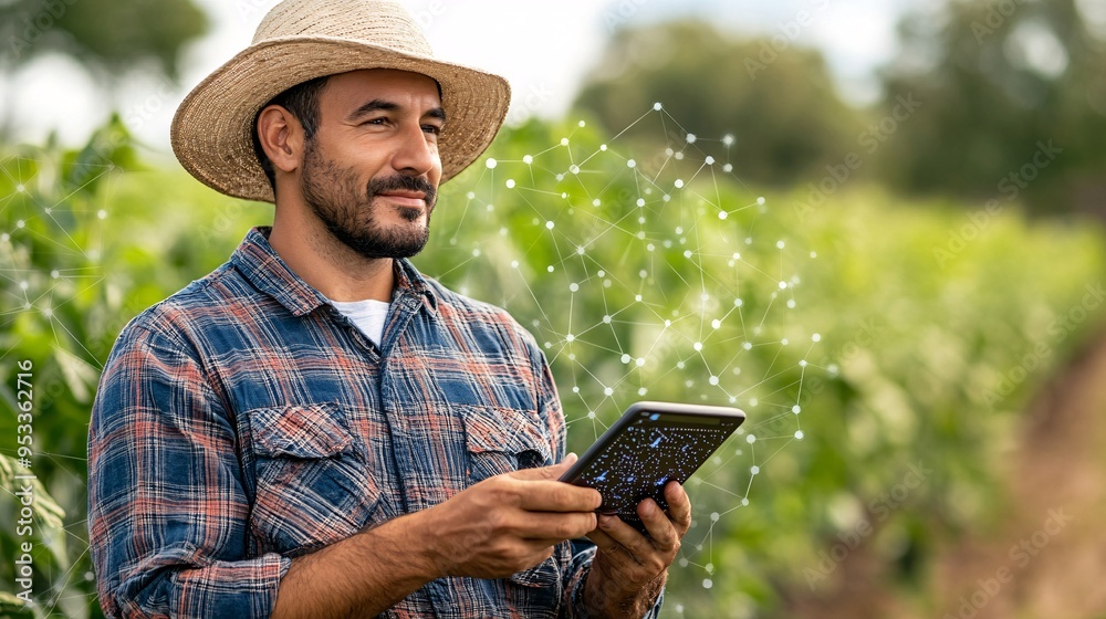 Poster young farmer using ai-driven system to monitor and control the climate inside a high-tech plant fact