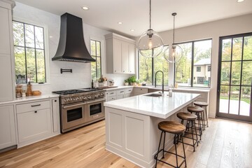 Modern kitchen showing open concept design with island and hardwood floors