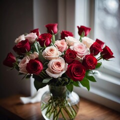 Obraz premium Romantic Valentine’s bouquet featuring red and pink roses expressing love and affection, perfect for a special occasion or celebration of romance in a serene garden setting. Generative AI