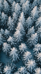 Fototapeta premium A blanket of snow transforms a forest into a winter wonderland, each evergreen tree a delicate sculpture against the muted blue backdrop.
