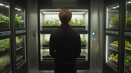 Farmer utilizing AI to analyze data on light and nutrient levels ensuring optimal growth conditions for crops in a vertical farming system Stock Photo with copy space