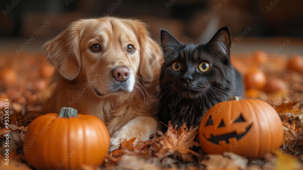 Wall mural cat and dog friends in autumn decorations. halloween design concept banner. pumpkin and leaves.