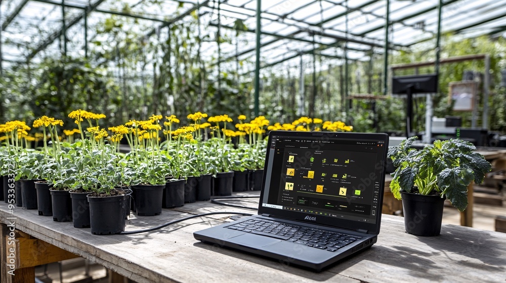 Aufkleber AI-enhanced monitoring system tracking the growth and health of crops in a plant factory providing real-time data to the farmer Stock Photo with copy space