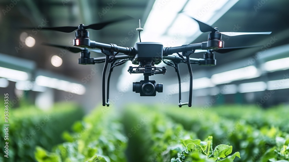 Poster ai-powered drones inspecting crops in a plant factory providing the farmer with detailed aerial imag