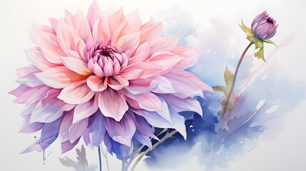 Ink and watercolor painting of a delicate dahlia flower, with intricate details and soft, blending colors.