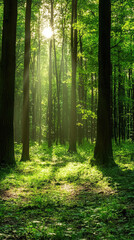 Obraz premium Sunbeams Dance Through the Green Canopy, Illuminating a Serene Forest Floor.