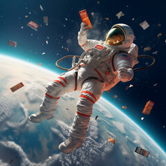 Shop and goods in space. An astronaut buys in an open space.