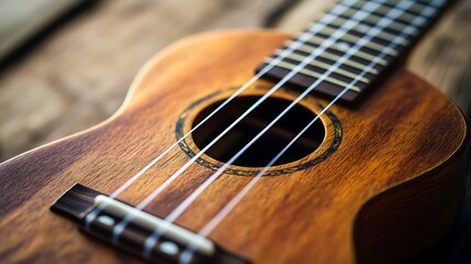 Close-up of a Wooden Ukulele with Strings and Soundhole
