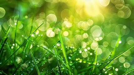 Obraz premium Stunning Picture of Dewdrop on Green Grass: A Delicate and Enchanting Natural Snapshot. Showcasing the Beauty and Serenity of Tiny Wonders.