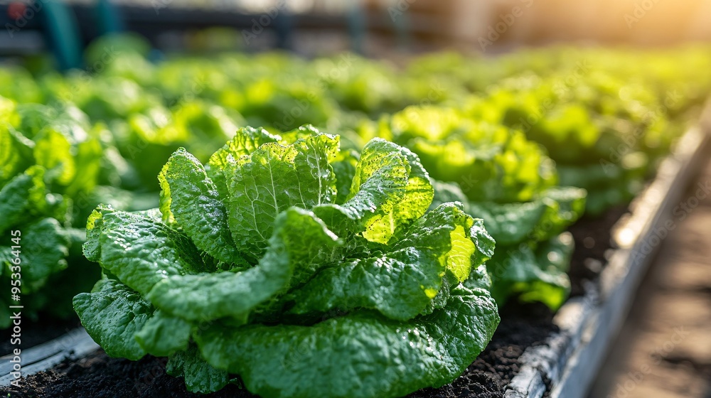 Poster Farmer utilizing AI to manage pest control in a plant factory by monitoring crop conditions and applying treatments only where needed Stock Photo with copy space