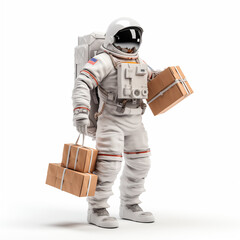 An astronaut in a spacesuit with bags and boxes from the store on a white background