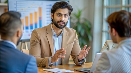 A Handsome Pakistan businessman explaining a financial strategy to colleagues, with charts and graphs in the background.