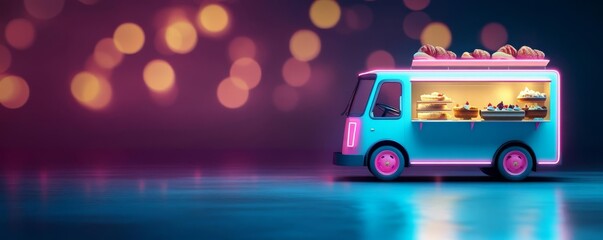 Mobile bakery truck with neon lights, serving late-night desserts, urban night scene with soft bokeh