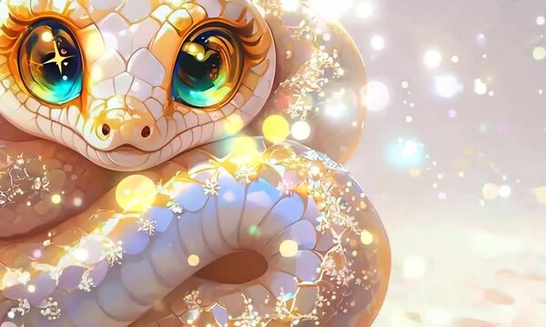 A cute snake with big eyes and a smile on its face. The snake is sitting on a snowy surface