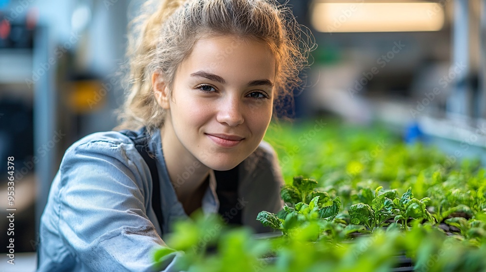 Poster young farmer using ai to monitor and adjust co2 levels in a high-tech plant factory promoting health