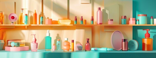 Colorful skincare products on modern pastel shelves