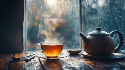 A cup of  tea on a wooden windowsill against the background of an autumn rainy window. Autumn mood aesthetic. Vintage background composition