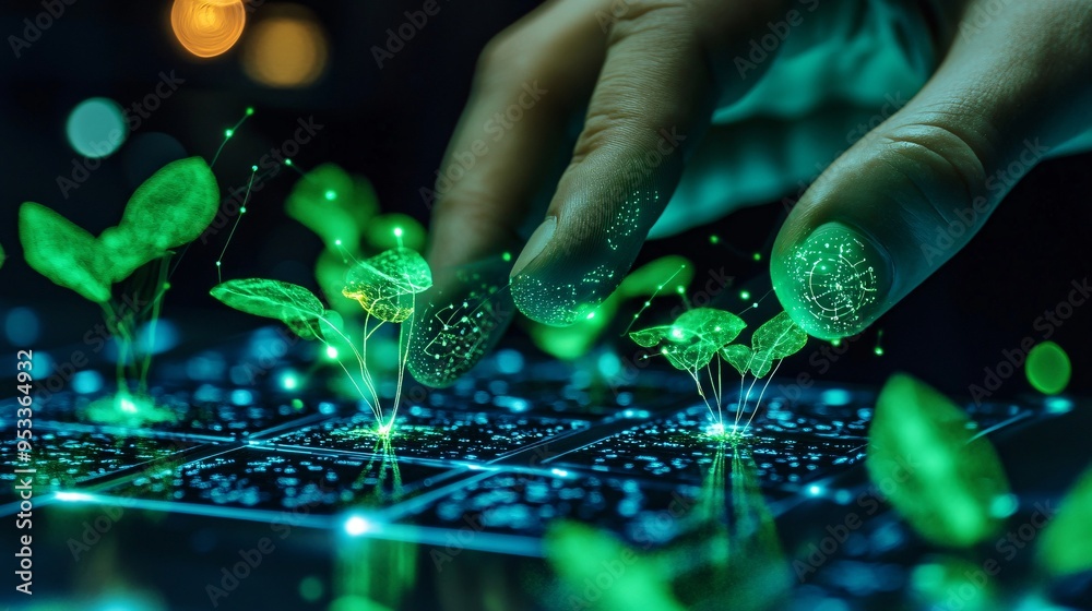 Poster Farmer using AI to analyze soil quality and nutrient content in a plant factory ensuring optimal conditions for crop growth Stock Photo with copy space