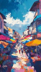 Fototapeta premium Vibrant Street Market, a lively marketplace filled with colorful stalls, diverse goods, and animated shoppers, creating a dynamic atmosphere of culture and commerce.
