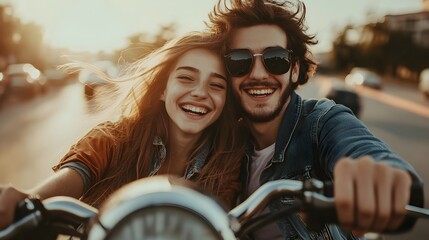 Young Couple Savoring the Thrill of Riding a Motorcycle on the Open Road