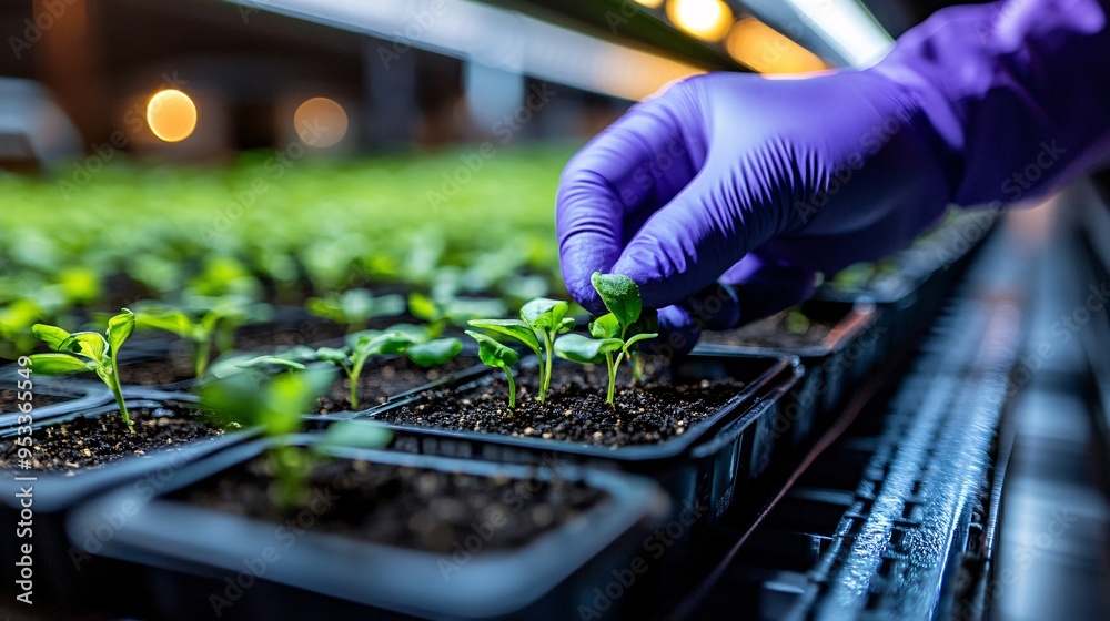 Poster Farmer using AI to automate the planting process in a vertical farm from seedling placement to monitoring growth Stock Photo with copy space