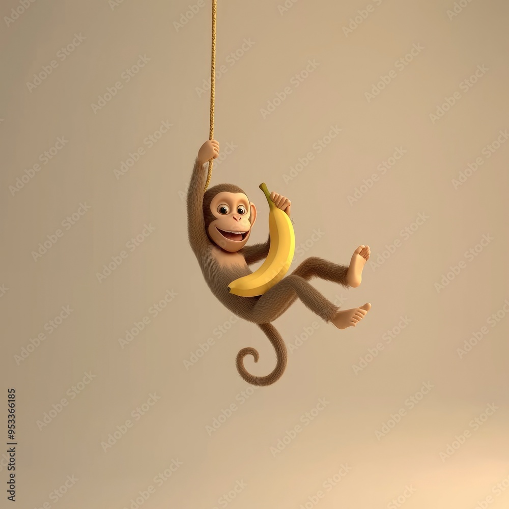 Wall mural playful monkey swinging with banana