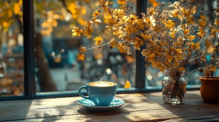 Autumn aesthetic still life with coffee cup, light brown fall leaves, vintage cafe in sunlight with natural shadow. Neutral pastel lifestyle autumn background.