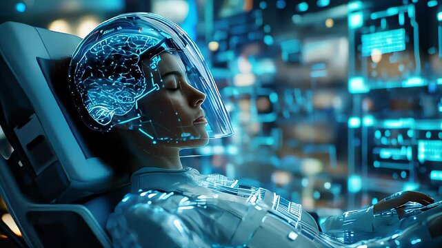 Futuristic scene of woman with brain scan helmet in advanced neural interface, concept of artificial intelligence and human-machine interaction