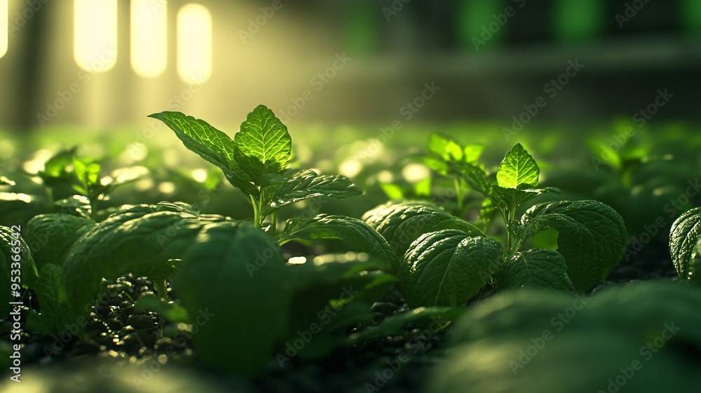 Poster Farmer using AI to optimize the spacing and arrangement of plants in a vertical farm to maximize light exposure and growth Stock Photo with copy space