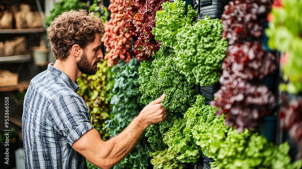 Poster Farmer using AI to optimize the spacing and arrangement of plants in a vertical farm to maximize light exposure and growth Stock Photo with copy space
