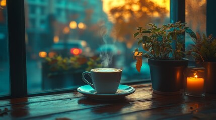 Autumn aesthetic still life with coffee cup, light brown fall leaves, vintage cafe in sunlight with natural shadow. Neutral pastel lifestyle autumn background.