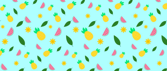 Seamless pattern of pineapple, watermelon, leaves and flowers isolated on light green background. Seamless vetor pattern design 