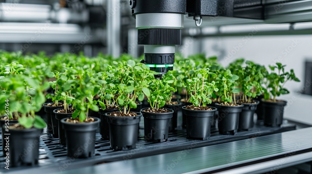 Poster AI-driven system automating the transplanting of seedlings in a plant factory ensuring uniformity and efficiency Stock Photo with copy space
