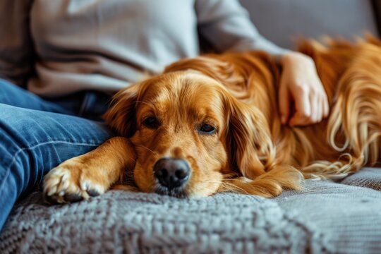 A person sits on a couch with a dog in their lap, relaxing together