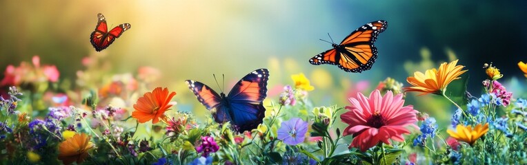 Obraz premium Vibrant Flower Garden with Colorful Butterflies, a lush landscape bursting with blooms, fluttering wings, lively colors, a serene escape teeming with nature's beauty and harmony.