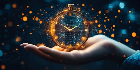 Clock on hand time data digital clock management planning business and time concept, Generative AI