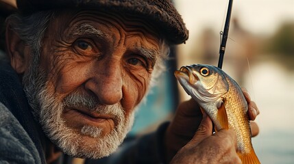 Experienced Senior Fisherman Enjoy Peaceful Moment by the Lake