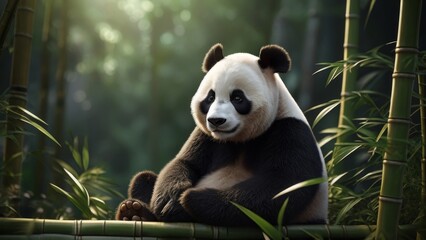Obraz premium Adorable Panda Cub Amidst Bamboo Grove