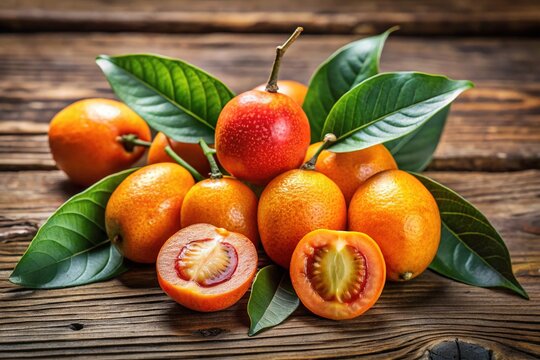 Ripe jocote de corona fruit with vibrant orange-yellow skin and red pulp, garnished with fresh green leaves, arranged on a rustic wooden table.