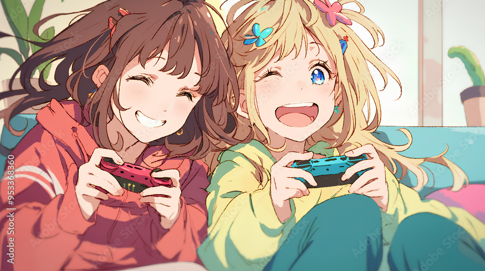 Sticker two anime girls playing games against a colorful cinematic game background