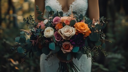 A beautiful boho wedding bouquet with pink, orange and white roses, eucalyptus leaves, greenery, red ranunculus, in the hands of an bride wearing lace dress