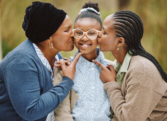 Kiss, mom and happy girl with grandmother for portrait, love or bonding together with care in park....
